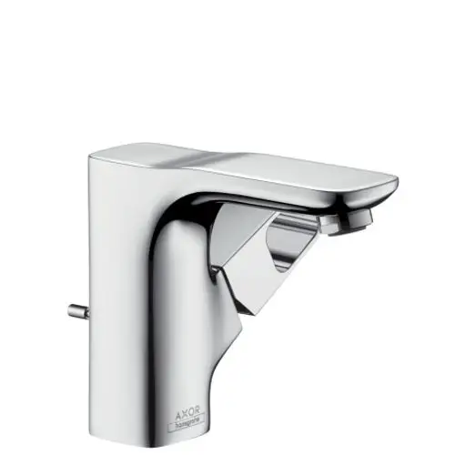 Ein AXOR-Waschtischmischer aus verchromtem Metall mit rechteckigem Design und Hebel zur Wasserregulation. Enthält eine Zugstangen-Ablaufgarnitur.